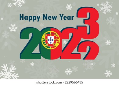 New Year's card 2023. In the photo: an element of the flag of Portugal. Festive inscription and snowflakes. It can be used as an advertising poster, postcard, flyer, invitation or website.
