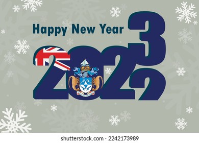 New Year's card 2023. In the photo: an element of the flag of the island of Tristan da Cunha. Festive inscription and snowflakes. It can be used as an advertising poster, postcard, flyer.