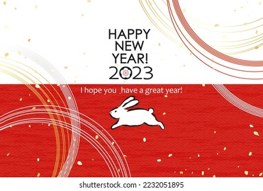 New Year's card for the 2023 year of the rabbit designed with traditional Japanese paper and string-shaped decorations called mizuhiki