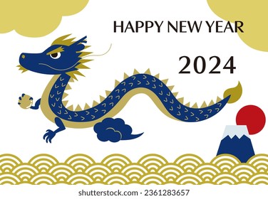 New Year's card for 2024 with 
blue dragon, Mt. Fuji and sunrise on the first day of the year