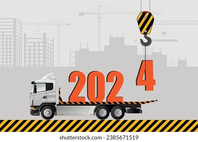 New Year's card, 2024. A crane is loading a truck with Christmas figurines. Vector illustration.