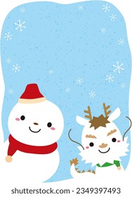 New Year's Card for 2024 with Cute Dragon Character and Snowman, Blue Background The greeting is not included.