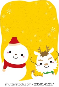 New Year's Card for 2024 with Cute Dragon Character and Snowman, Yellow Background The greeting is not included.