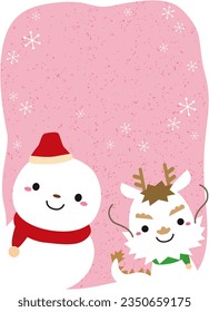 New Year's Card for 2024 with Cute Dragon Character and Snowman, Pink Background The greeting is not included.