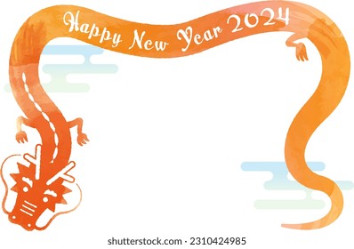 New Year's card, 2024, English greetings, Year of the Dragon, hand-drawn watercolor style, horizontal.
