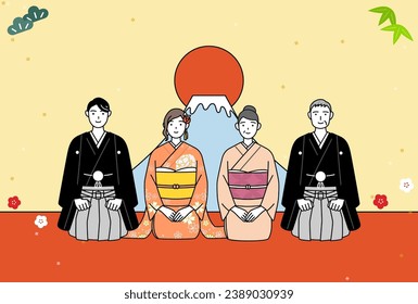 New Year's card for 2024, family in kimonos, Mt. Fuji and the first sunrise of the year, Vector Illustration