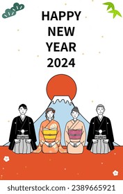 New Year's card for 2024, family in kimonos, Mt. Fuji and the first sunrise of the year, Vector Illustration