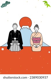 New Year's card for 2024, middle-aged man and woman in kimono, Mt. Fuji and the first sunrise of the year, Vector Illustration