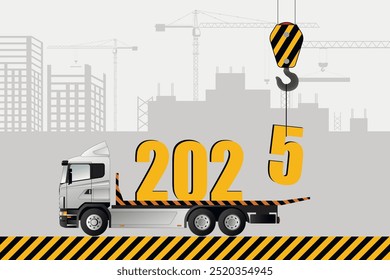 New Year's card, 2025. A crane is loading a truck with Christmas figurines. Vector.