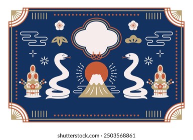 New Year's card for 2025 featuring Mount Fuji and the Year of the Snake