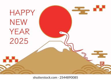 Cartão de Ano Novo para 2025. Ilustração em estilo japonês do Monte Fuji e uma cobra