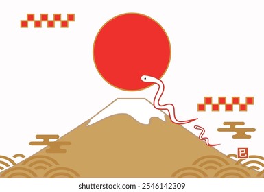 New Year's card for 2025. Japanese style illustration of Mt. Fuji and a snake. 