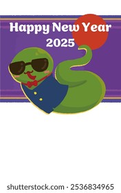New Year's card for 2025 with a snake wearing sunglasses
