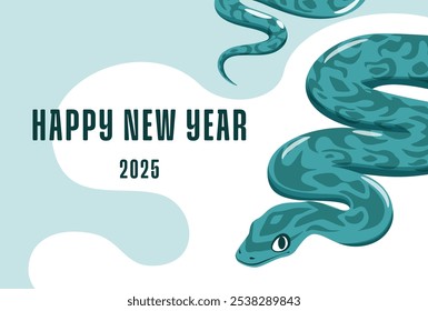 New Year's card for 2025, Year of the Snake. A cool green snake. Horizontal postcard size. Vector illustration.