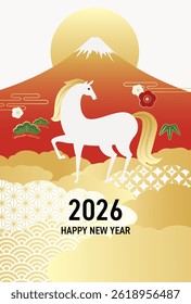 New Year's card for 2026 with red Fuji and the first sunrise. Template for the Year of the Horse.