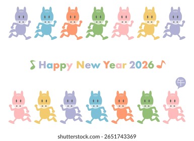 Cartão de Ano Novo para 2026, Ano do Cavalo. Correndo cavalos coloridos. Ilustração vetorial. A tradução de caracteres chineses é Cavalo.

