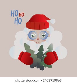 New Year's card of adorable Santa surrounded by snowflakes. The charming character, hand-drawn in a flat cartoon style. Merry Christmas and happy new 