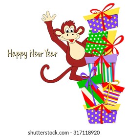 New Year's card with amusing monkey, bright boxes and a place for text (eps10). Chinese astrological sign. Symbol of 2016 