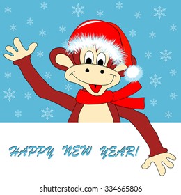 New Year's card with an amusing monkey, snowflakes and the congratulatory text. Chinese astrological sign.