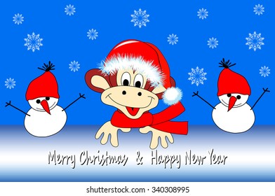 New Year's card with an amusing monkey, snowmen and the congratulatory text.