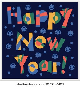 New Year's card with the author's font. Light blue, green, yellow, pink, on a dark blue background.