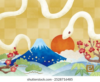 New Year's card background vector material with Mt. Fuji and a white snake on a Japanese style background. Translation: Snake