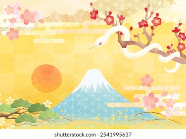 New Year's card background vector material with Mt. Fuji and white snake on Japanese style background