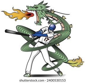 Neujahrskarte eines Baseballspielers, der wie ein Drache spielt