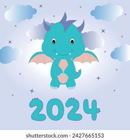 New Year's card calendar with a flying green dragon.Vector illustration.EPS10