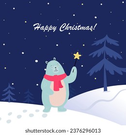New Year's card with
cartoon bear. Merry Christmas inscription. Winter night forest, snowdrifts, fir trees, stars, snow falling. Vector illustration
