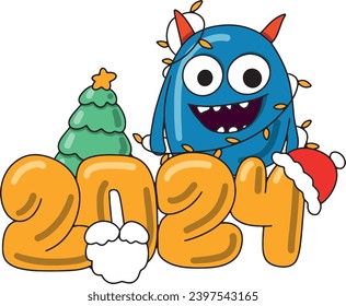 New Year's card in a cartoon style with cute monsters and a garland. Cute New Year 2024 card. Can be used for printing on T-shirts, stickers, greeting cards. Vector illustration