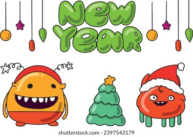 New Year's card in cartoon style with cute monsters and the inscription New Year. Can be used for printing on T-shirts, stickers, greeting cards. Vector illustration