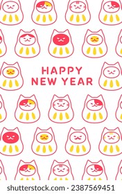 Neujahrskarte mit einer Katze in Gestalt einer Daruma-Puppe