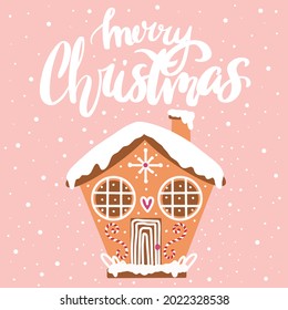 New Year's card. Christmas gingerbread house on a pink background. Sweet traditional Christmas cookies. Isolated house. Snowflakes. Lettering Merry Christmas, Happy New Year. Vector illustration.
