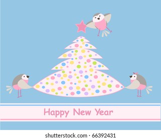 New Year's card. Christmas robin birds decorating the Christmas tree. One bird has spread wings and has flied up to hang up a red star on a top of fur-tree.