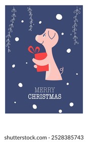 New Year's card with congratulations. Christmas cute pig with gift box.