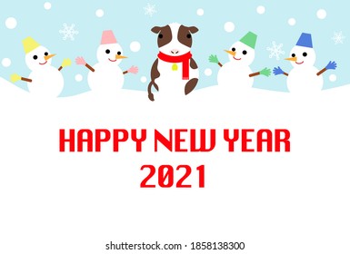 New Year's card of a cow-shaped snowman and four snowmen. Vector illustration.