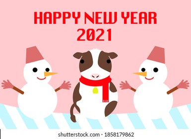 New Year's card of a cow-shaped snowman and two snowmen. Vector illustration.
