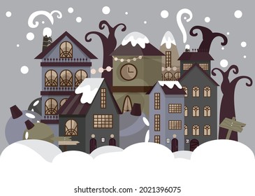 A New Year's card. Cozy houses for Christmas. Snow is falling. Vector, festive, snow illustration. Wrapping paper for the holiday. A postcard for your loved ones. A cozy picture. Imagination.