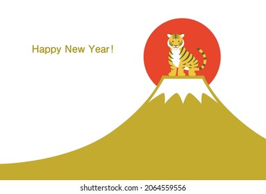 New Year's card of Cute tiger and Mount Fuji and sunrise