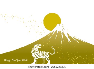 New Year's card of Cute tiger silhouette and Mount Fuji and sunrise