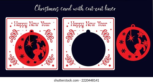Tarjeta de Año Nuevo con un inserto de corte en forma de decoración de árbol de Navidad. Archivo a cortar. Tarjeta de Navidad y decoración en uno.
