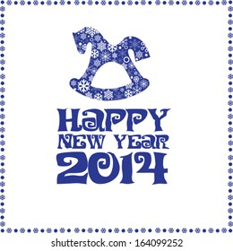 New Year's card with dark blue letters and a horse with snowflakes on a white background