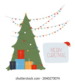 New Year's card with a decorated Christmas tree, gifts and flags. Flat vector illustration