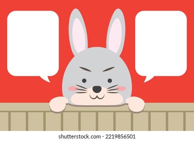 New Year's card design of a cute rabbit peeking out, red background, with speech bubble