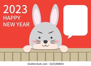 New Year's card design of a cute rabbit peeking out, red background, with speech bubble