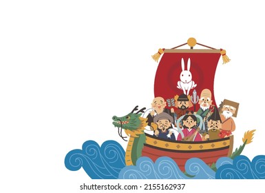 A New Year's card design featuring the Seven Gods of Good Fortune. Vector illustration on white background.