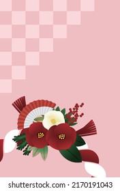 New Year's card design with illustration of a shimenawa rope decoration. Pink background.