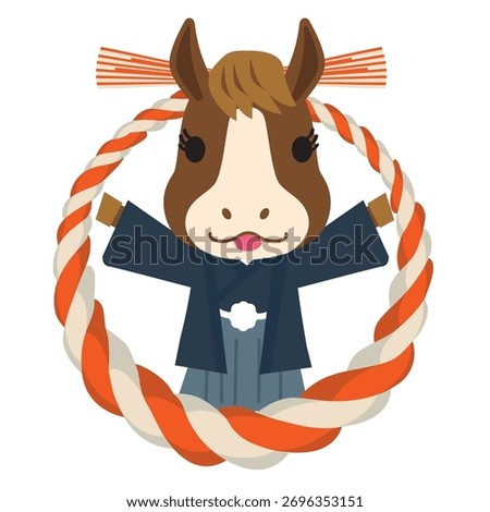 New Year's card design material for the Year of the Horse: Cute, two-headed horse mascot in traditional Japanese attire, with a Shimenawa (sacred rope), in a cartoon, anime style.