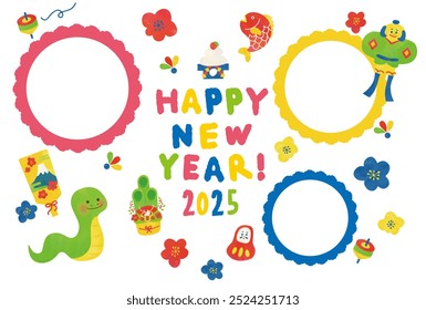 New Year's card design with photos of snakes and New Year's items for the year 2025